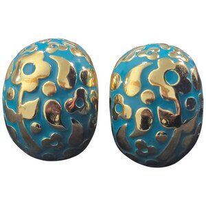 Turquoise Color Enamel Clip On Earrings Gold Tone Lauren G Adams Signed LGA